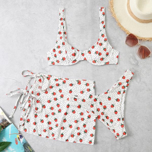 Women Strawberry Swim Dress Sexy three piece split swimsuit with printed triangle bikini swimsuit