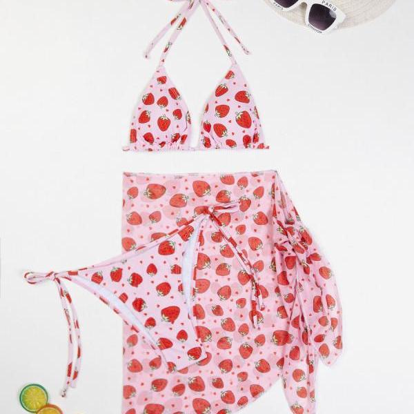 Women Strawberry Swim Dress Bikini internet red gauze skirt three piece swimsuit