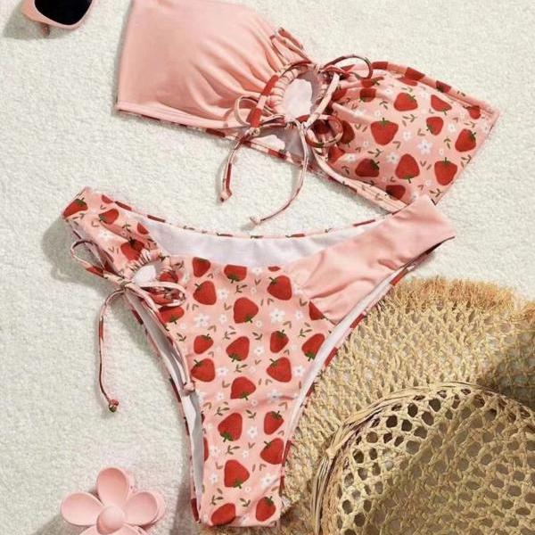 Women Strawberry Swim Dress split swimsuit two-piece set with strawberry print bikini swimsuit