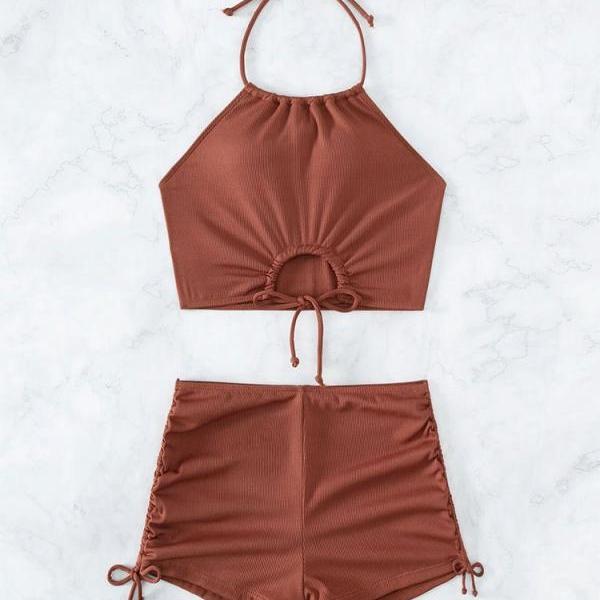 Fashionable small pit stripe sexy high waisted neck drawstring solid color bikini
