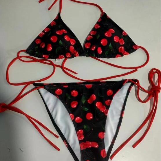 Bikini red sexy three point lace up cherry print small fresh and cute