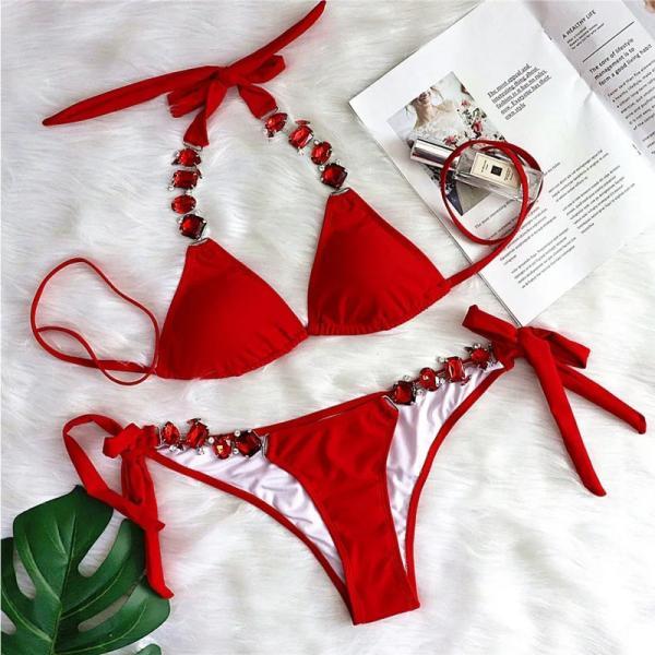 Red Crystal Embellished Two-Piece Bikini Swimwear Set