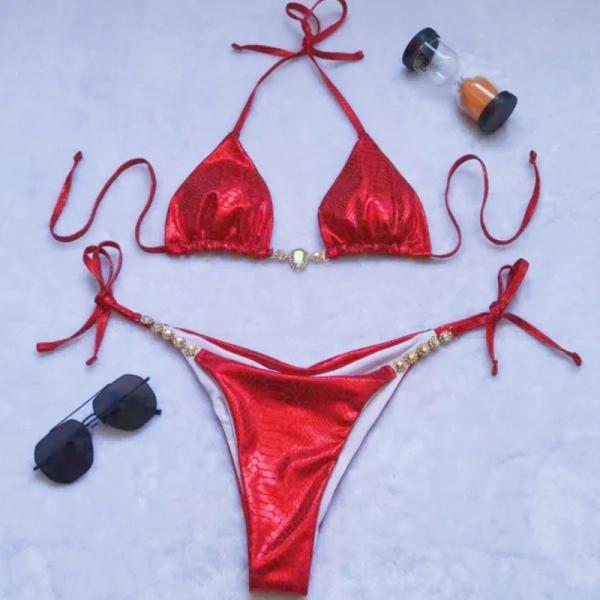 Red Metallic Bikini Set with Jewel Accents Swimwear
