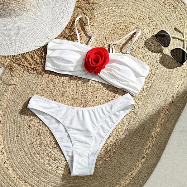 Womens White Rose Embellished Two-Piece Swimsuit Set