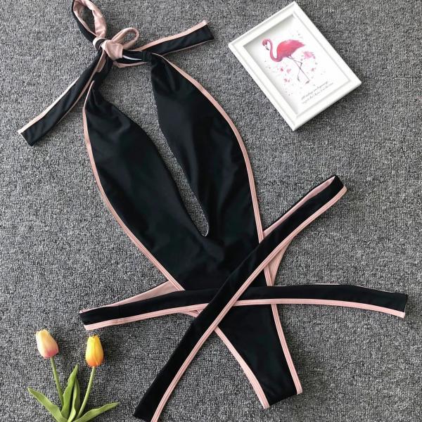 Elegant Black One-Piece Swimsuit with Pink Trim