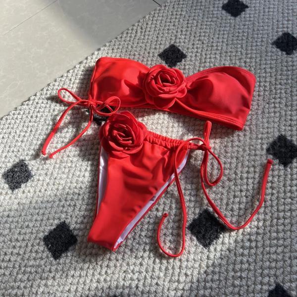 Womens Red Floral Bow Tie Bikini Swimwear Set