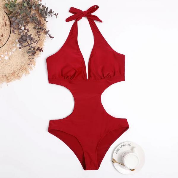 Womens Red Halter Neck Monokini Swimwear with Bow