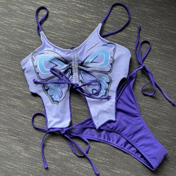 Womens Butterfly Print Lace-Up Two-Piece Swimsuit Set