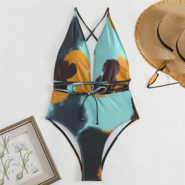 Tie Dye Print Backless Swimwear One Piece Swimsuit Women 2024 String Cross Lace-up Monokini Bathing Suit Swimming Wear for Woman