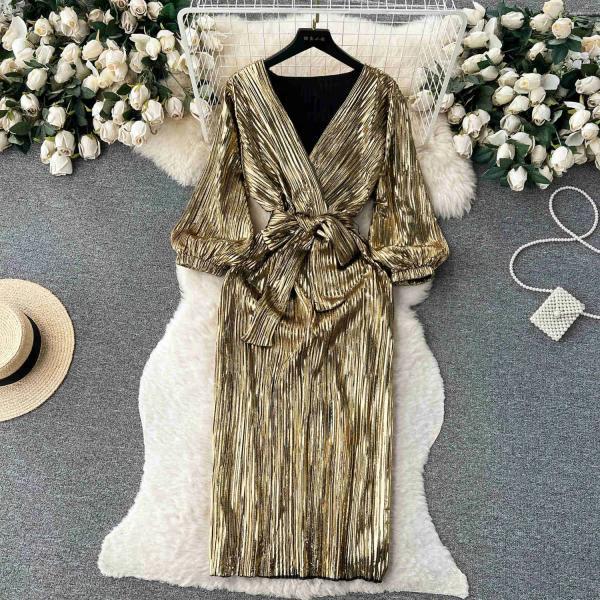 Metallic Gold Long-sleeve Wrap Dress With Belt