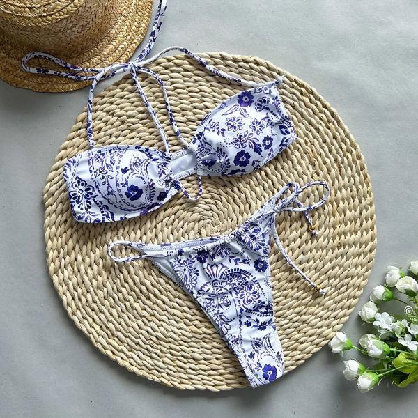 Navy Blue Embroidered Trim Wrap Tie Knot  High Waisted Bikini