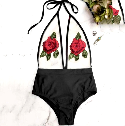 Sexy Black Splicing Gauze Perspective Chest Two Red Rose Embroidery ...