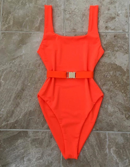 Square Neck One-Piece Swimsuit Featuring Belt on Luulla