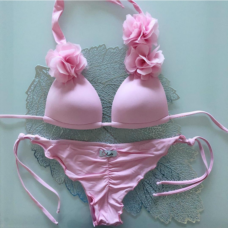 Pink Flower Bikini Plain Color Lashing Swimsuit With Pleats For Women ...