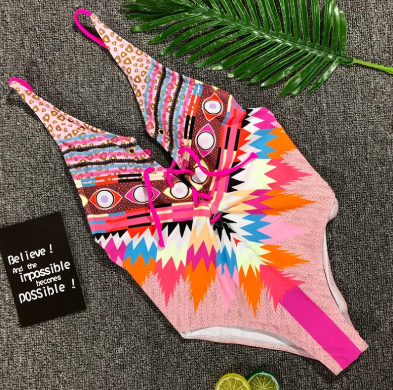 Sexy Print Jump-cross Multi-rope Swimsuit on Luulla