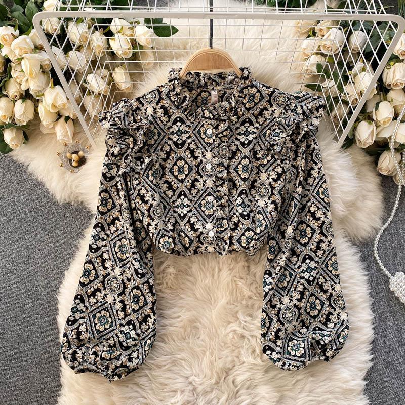 Pleated Puff Sleeve Round Neck Blouse