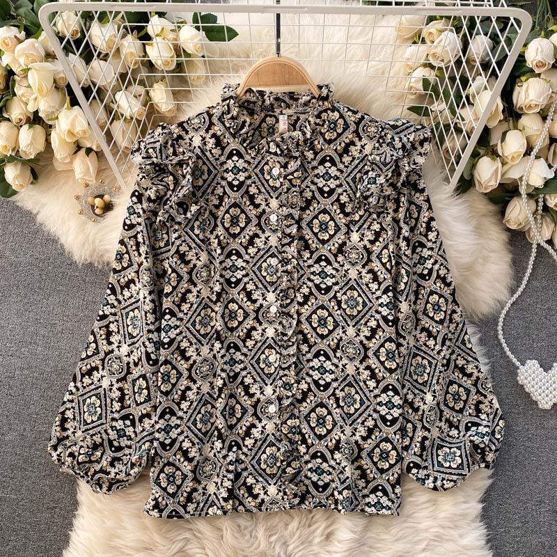 Women Round Neck Puff Sleeve Floral Long-sleeved Blouse on Luulla