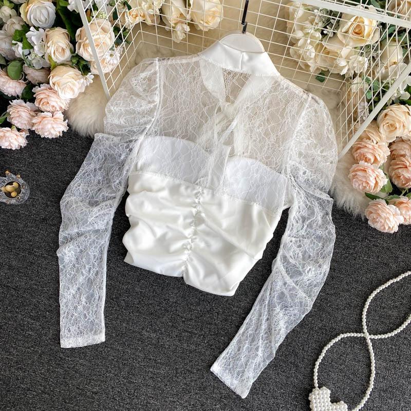 Lace Trim V Neck Pleated Shirt main image 0
