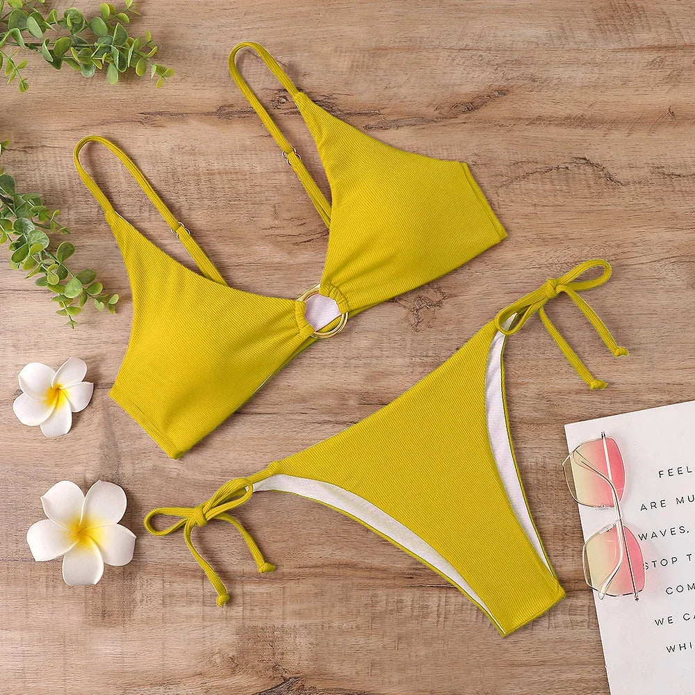 Womens Textured Ring-front Bikini Set With Tie Sides on Luulla