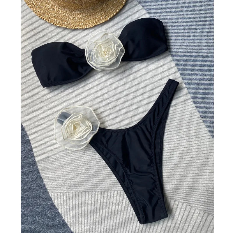 Elegant Black Two-piece Swimsuit With Transparent Flower Accents on Luulla