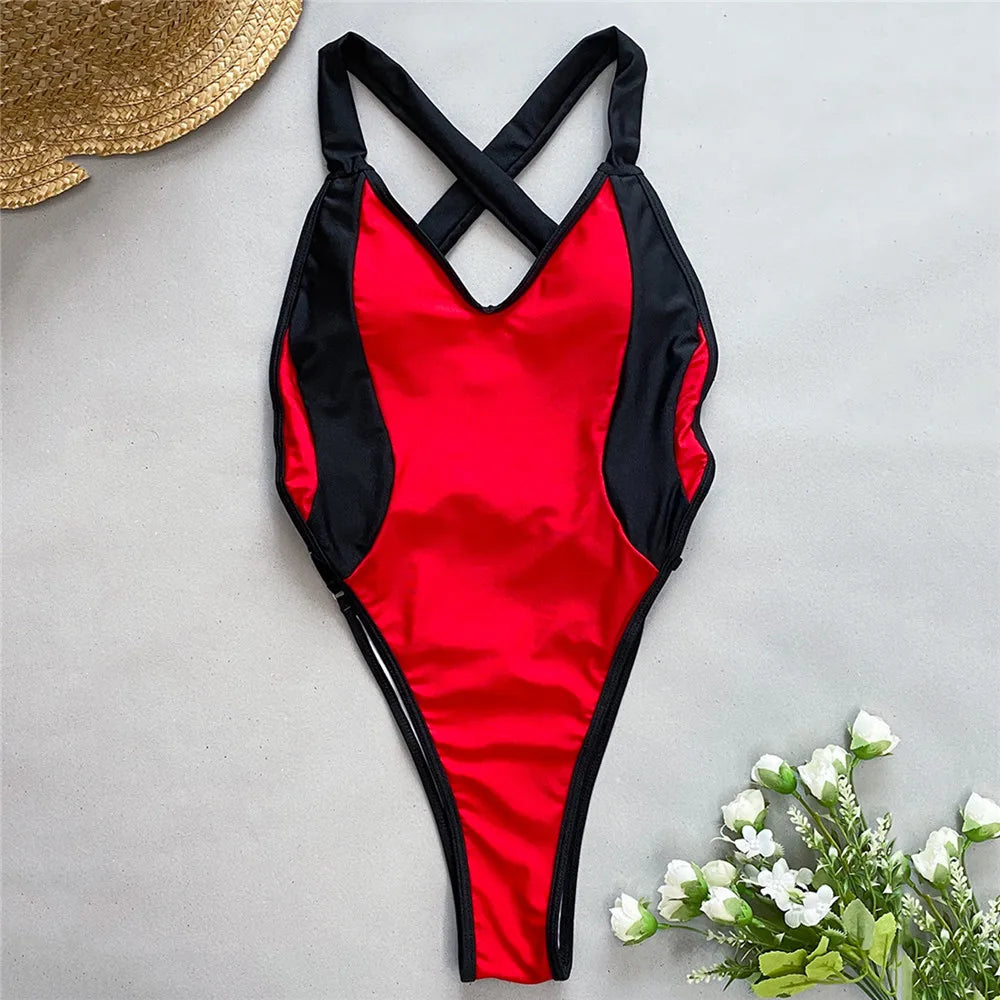 Elegant Red And Black Womens One-piece Swimsuit on Luulla