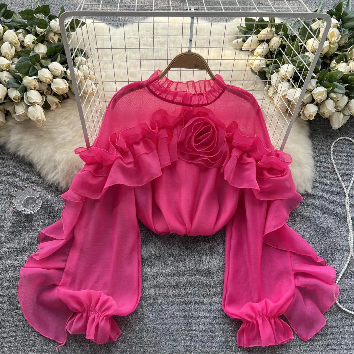 Elegant Pink Ruffle Blouse With Floral Design on Luulla