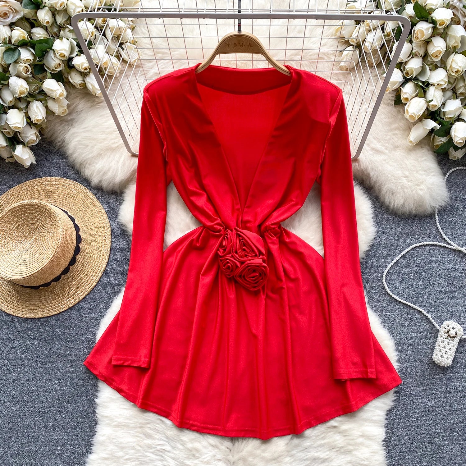 Regina Long Sleeve Ruffle Neckline Dress Flower Print Red