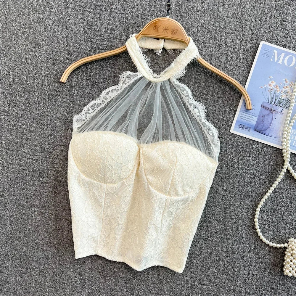 Lace Halter Strap Backless Bustier Crop Top on Luulla