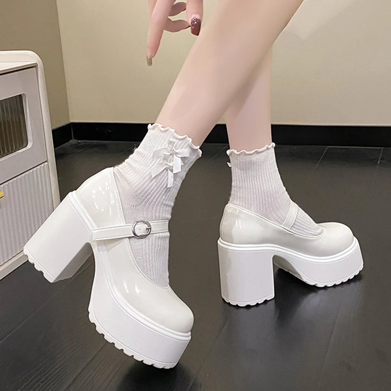Chunky White Mary Jane Platform High Heels on Luulla
