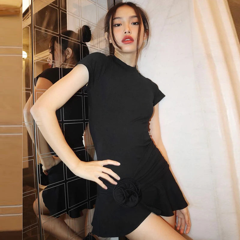 Elegant Black Mini Dress With Floral Accent on Luulla