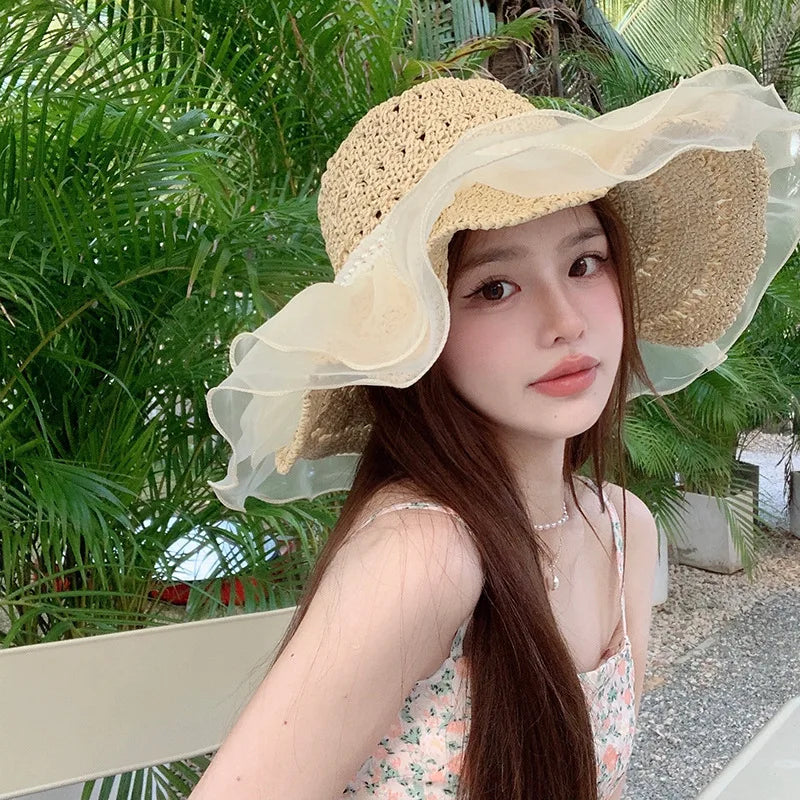 Elegant Wide Brim Straw Hat With Bow on Luulla