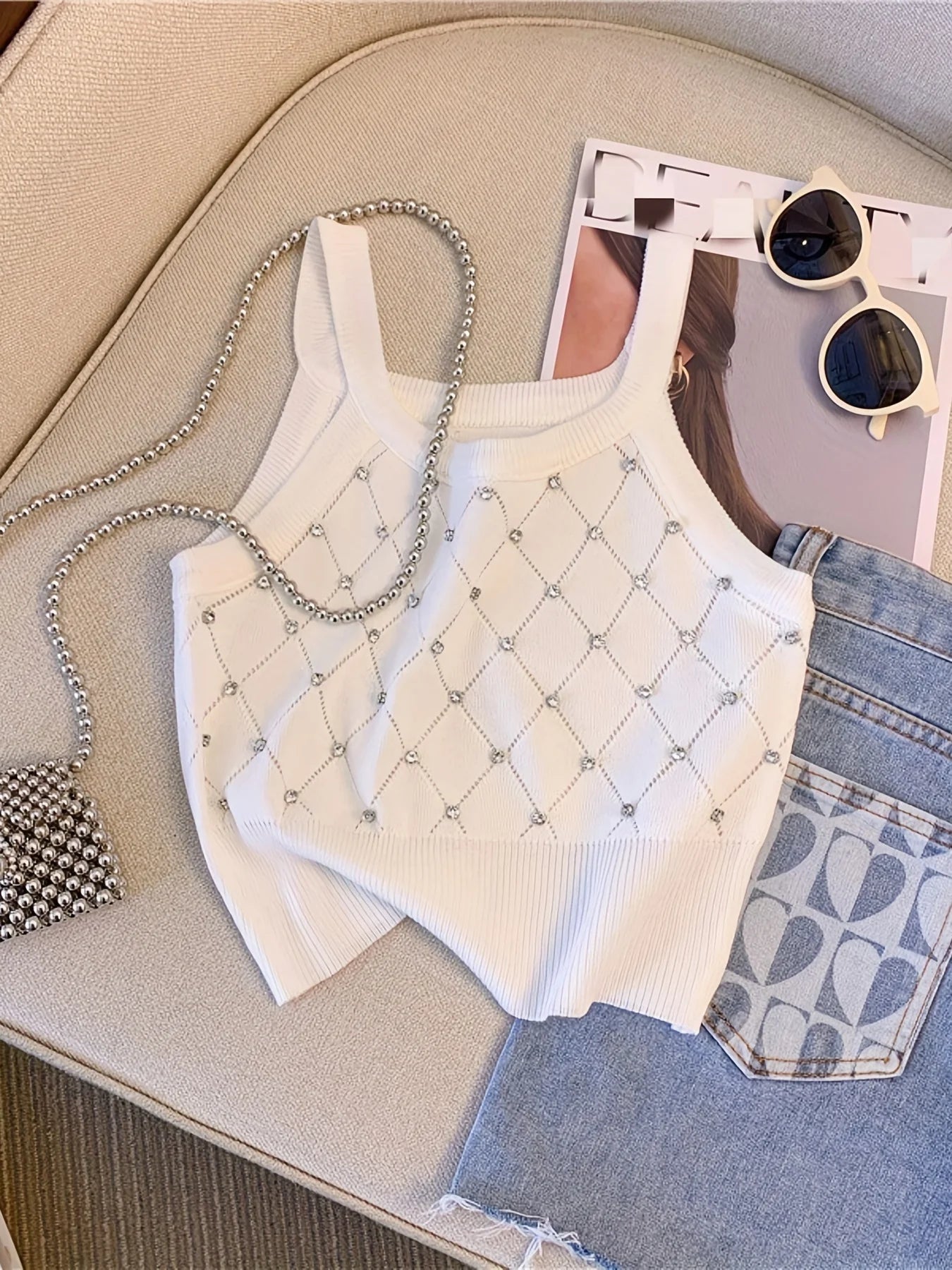 White Ribbed Knit Tank With Diamond Pattern on Luulla