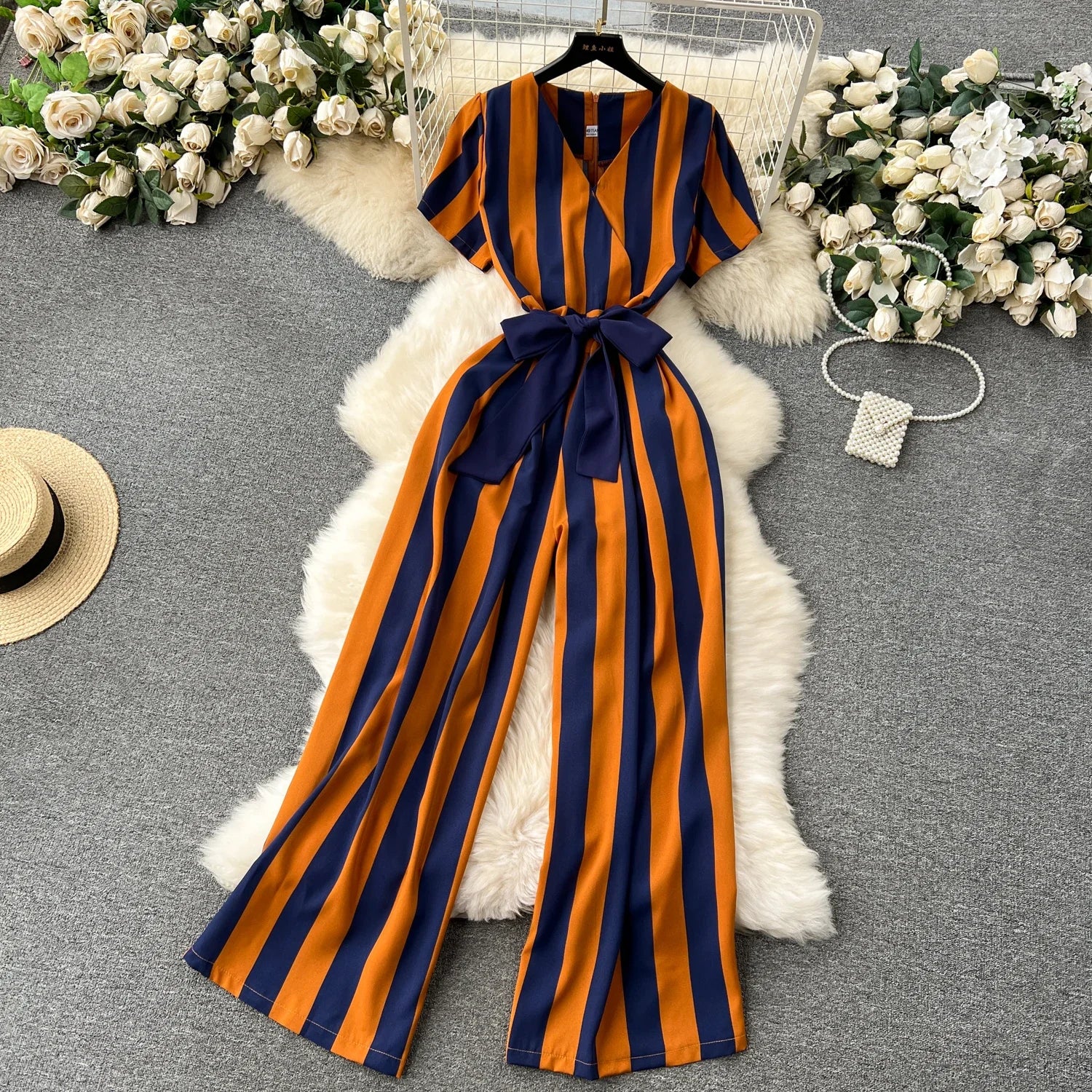 Striped Round Neck Wide Leg Jumpsuit