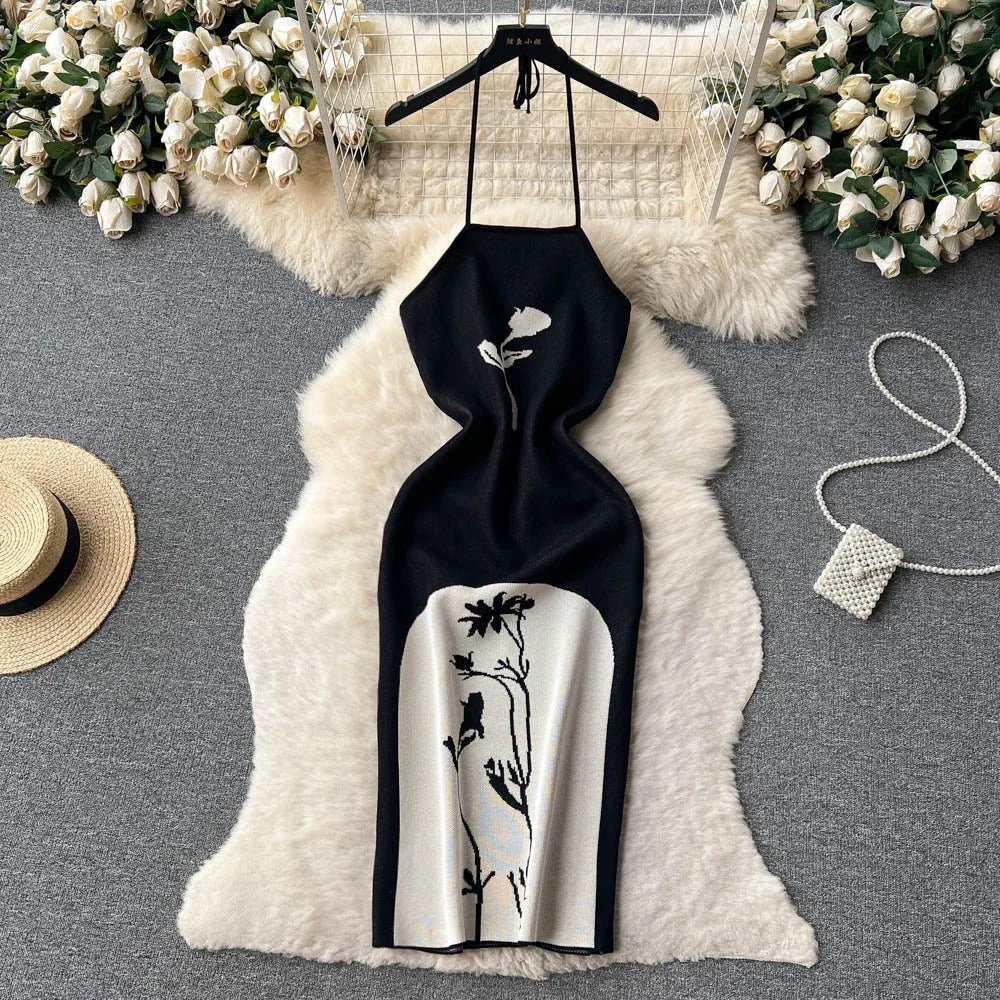 Elegant Black Midi Dress With Floral Patterns on Luulla