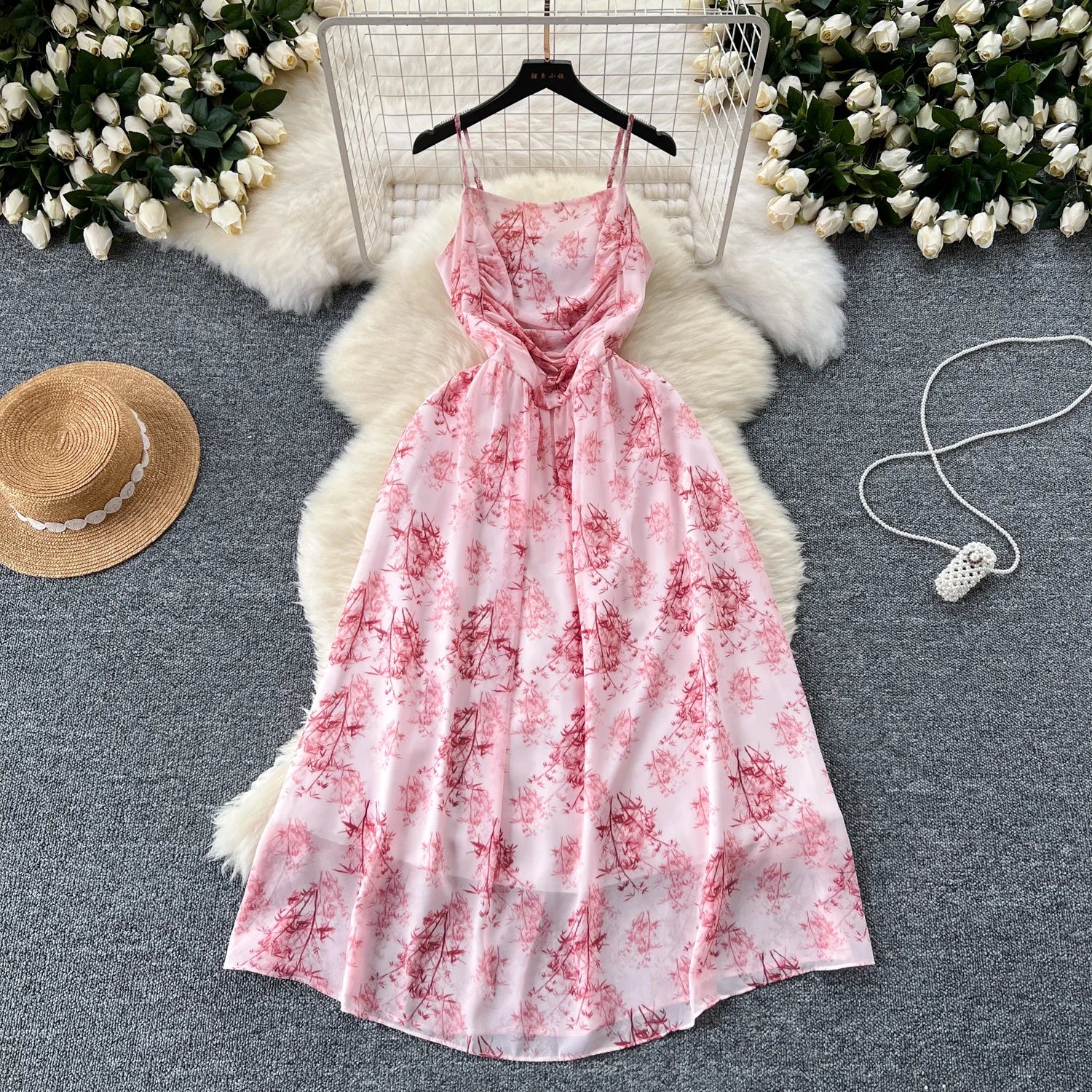 Pink Spaghetti Strap Tie-Back Ruffle Maxi Dress