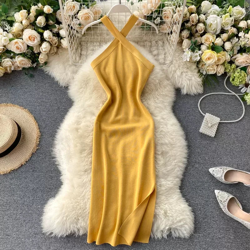 Elegant Yellow Halter-top Evening Midi Dress on Luulla
