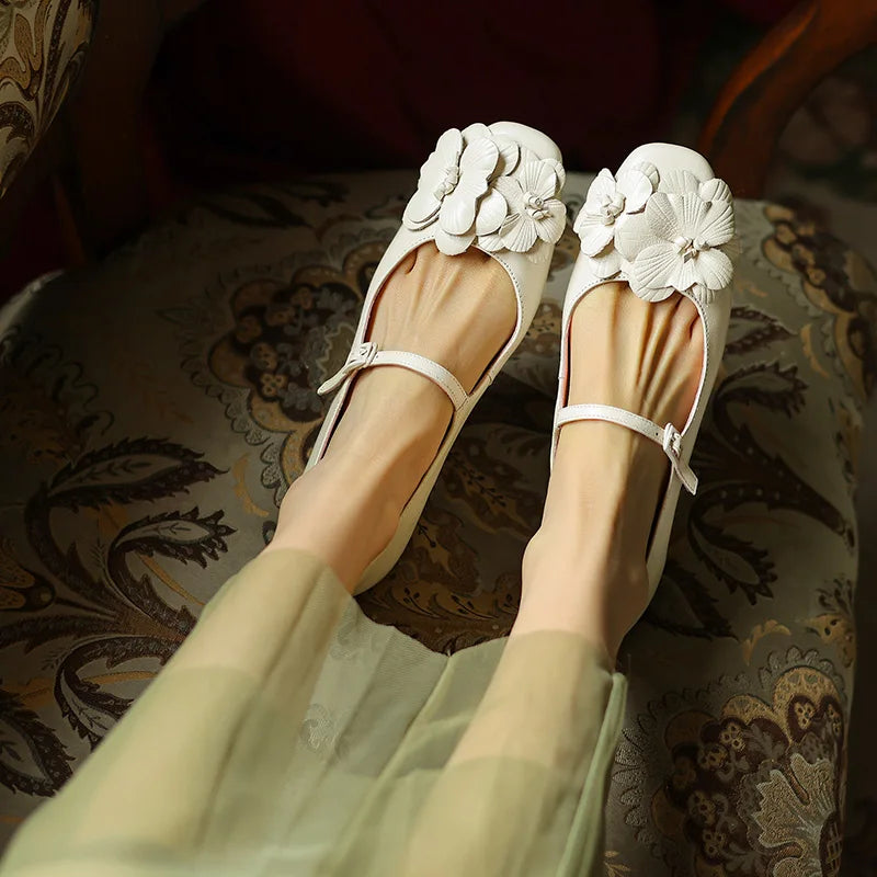 Floral Embellished White Mary Jane Ballet Flats on Luulla