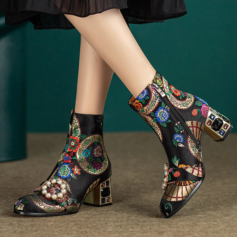 Vintage Chunky Heel Embroidered Boots