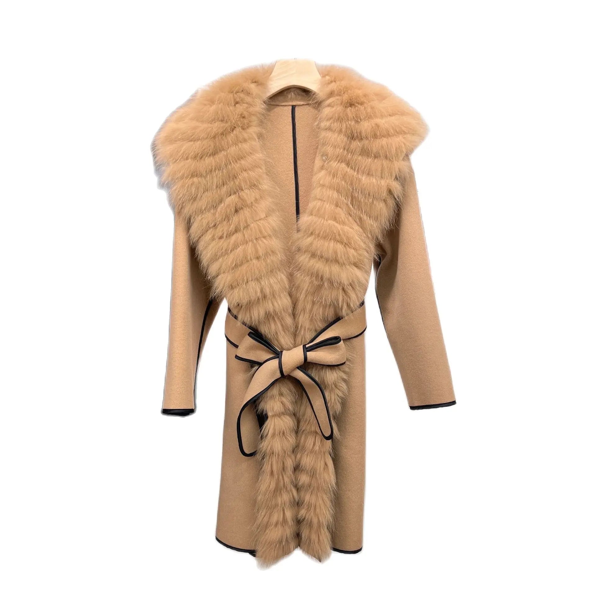 Faux Fur Trim PU Leather Long Coat