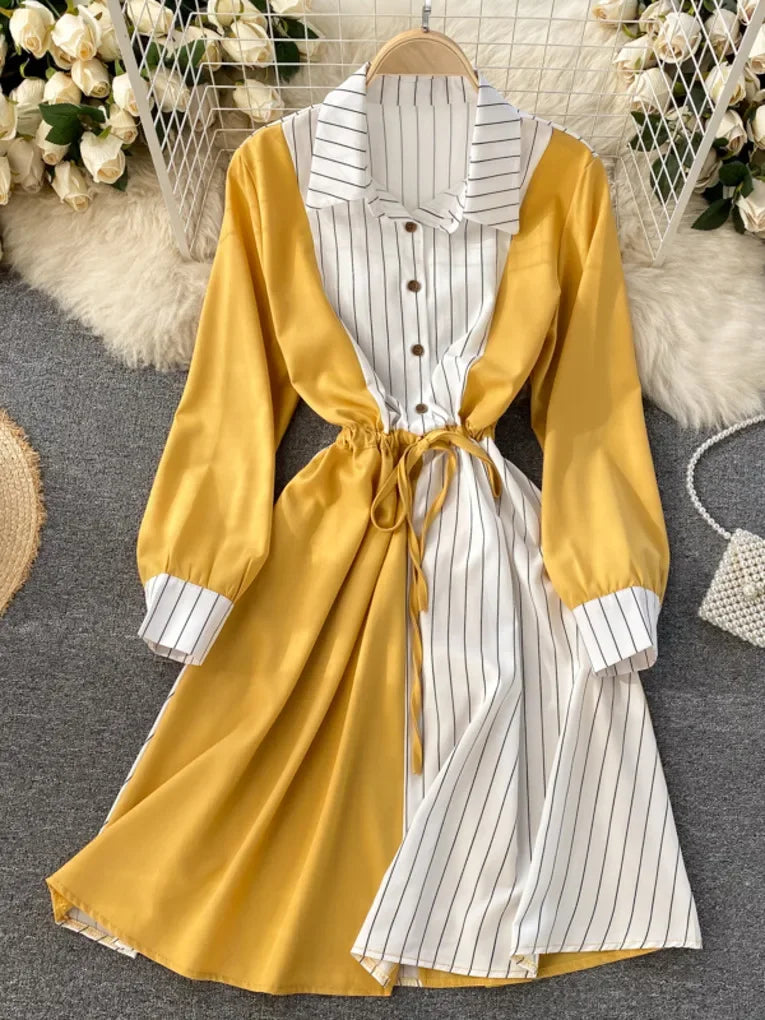 Soft Yellow Stripe Dress with Collar