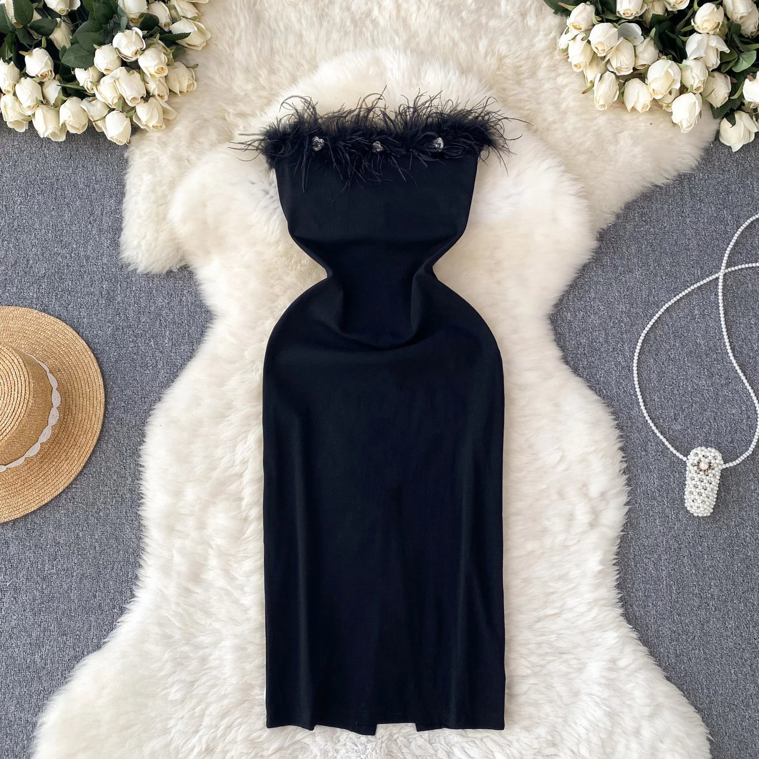 Black Satin Shirt Dress with Feather Hem