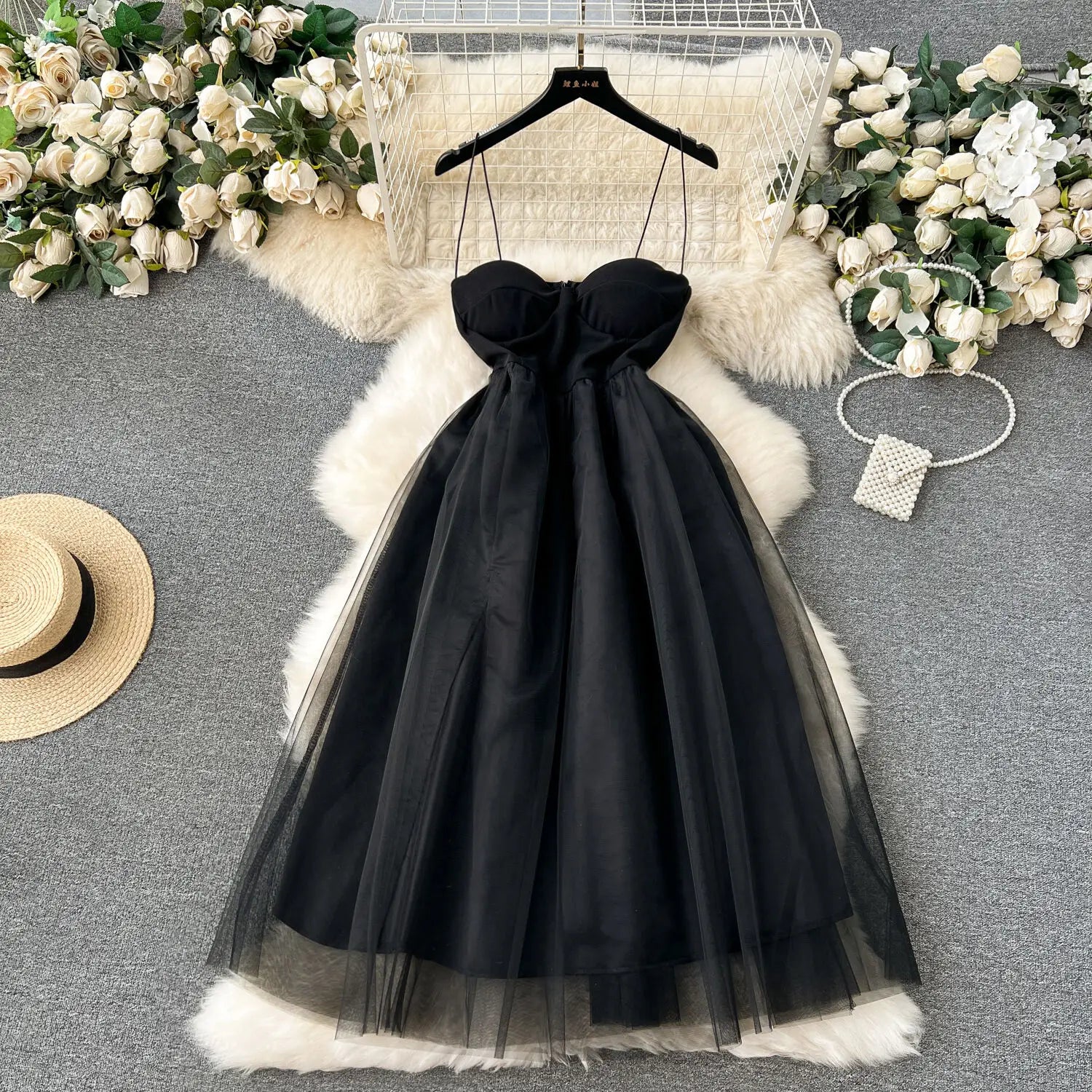 Black Asymmetric Tulle Detail Midi Dress main image 0