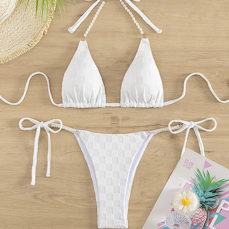 White Textured Tie String Bikini Swimwear on Luulla