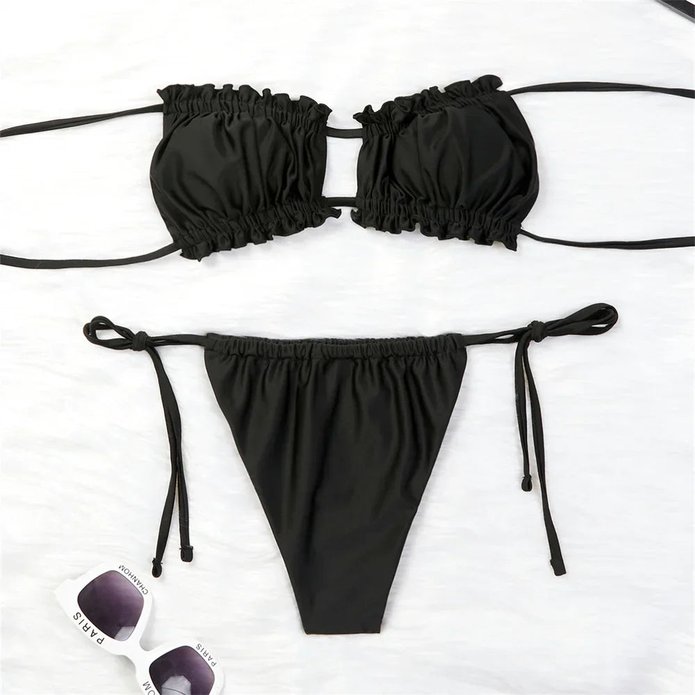 Adjustable Black Ruffled String Bikini Swimwear on Luulla