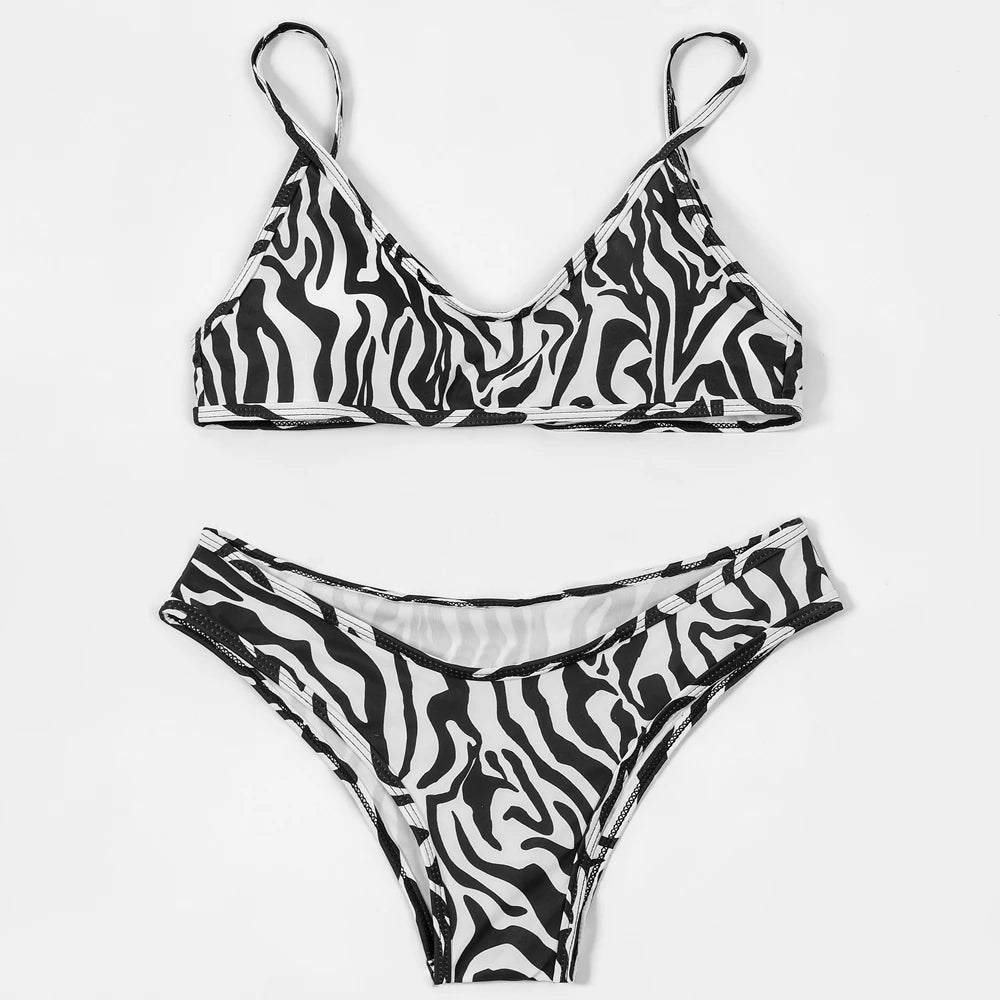 Classic Black and White Zebra Tie Side Beach Bikini Two Piece Set