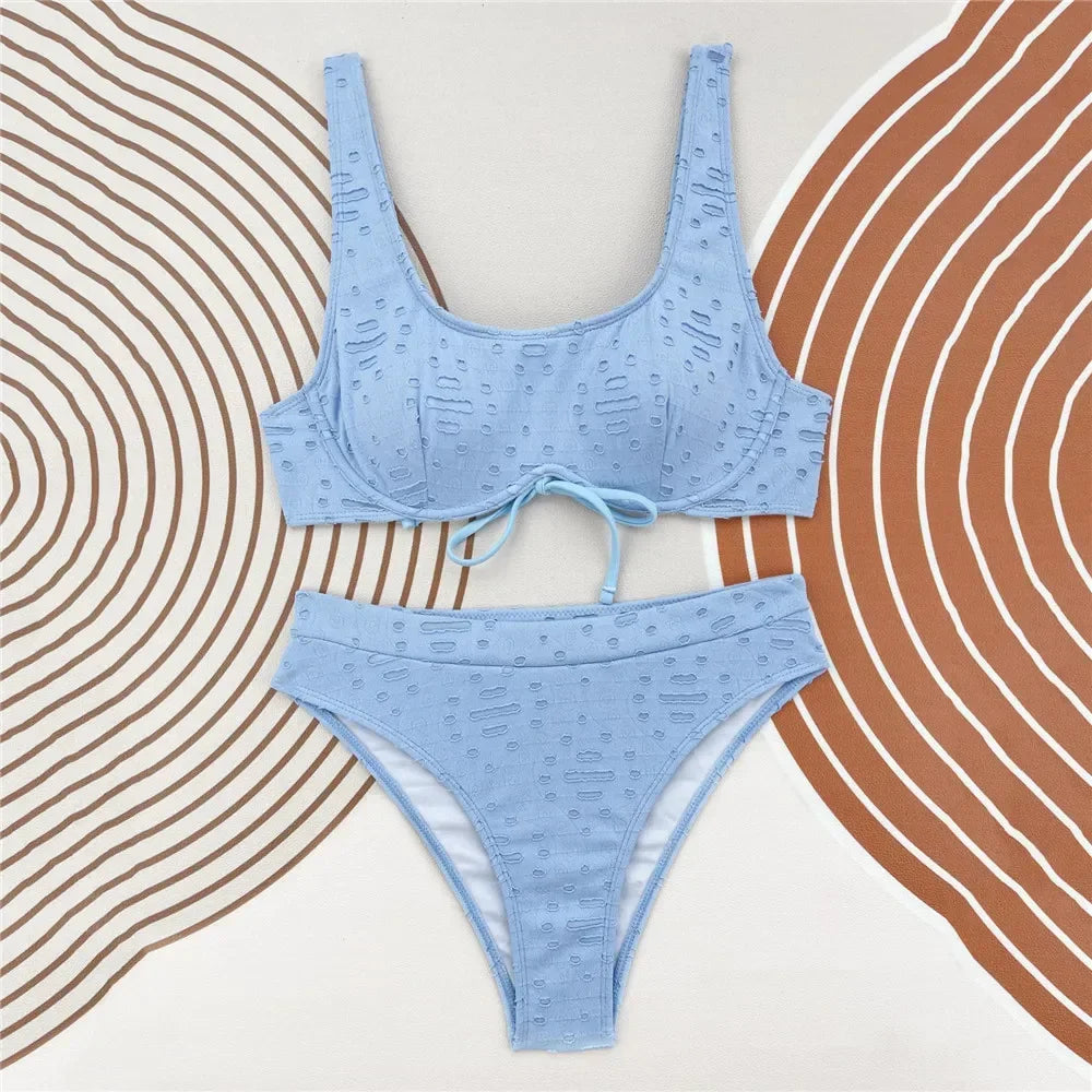 BLUE RUFFLE DETAIL HIGH WAIST BIKINI SWIMSUIT