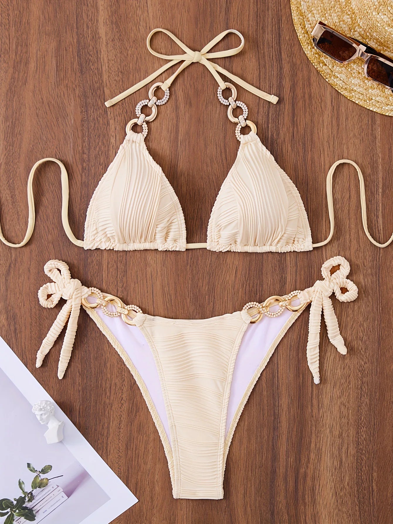 Chain Accent Halter Tie Ruched Bikini Swimsuit on Luulla