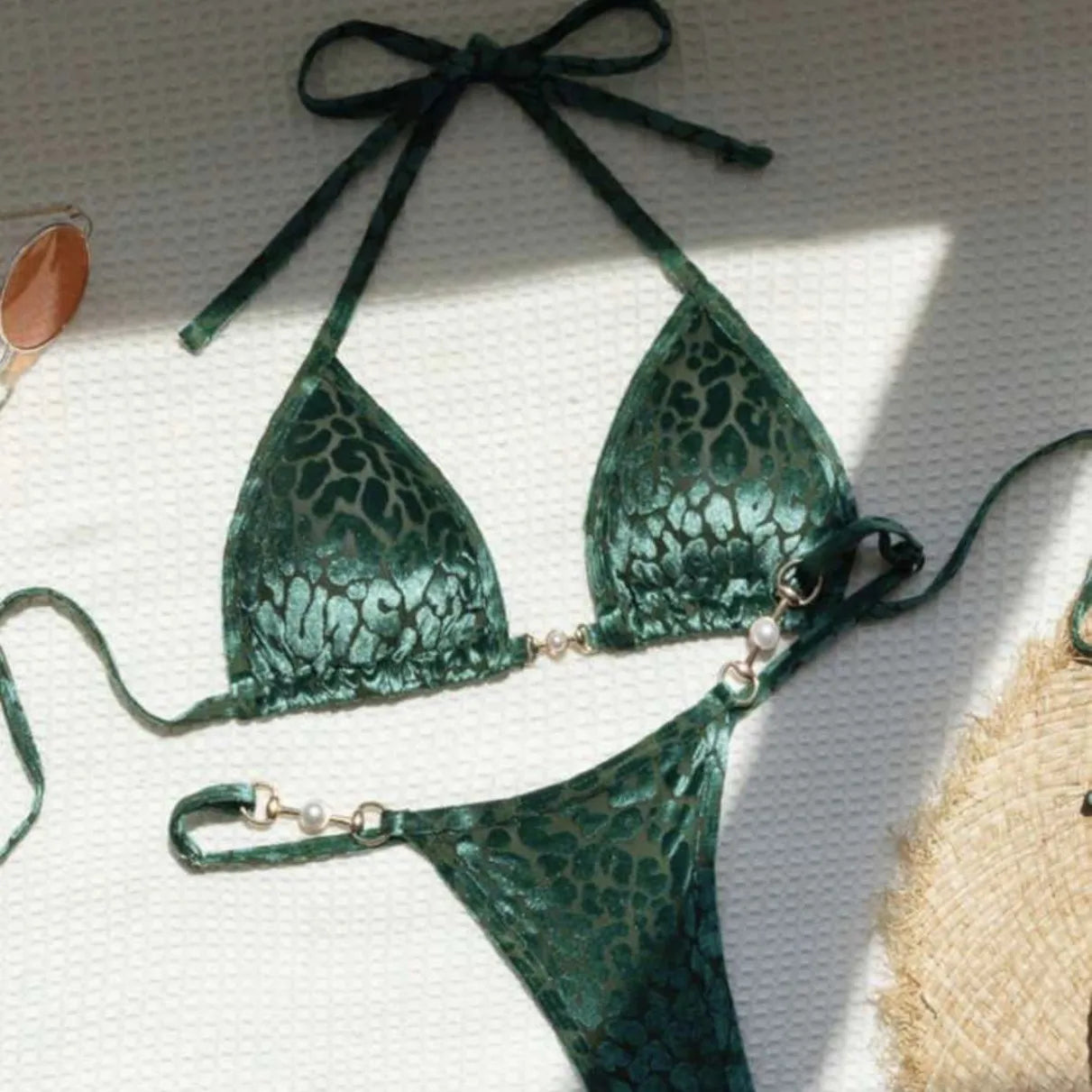 Green Leopard Print Bikini With Pearl Accents on Luulla