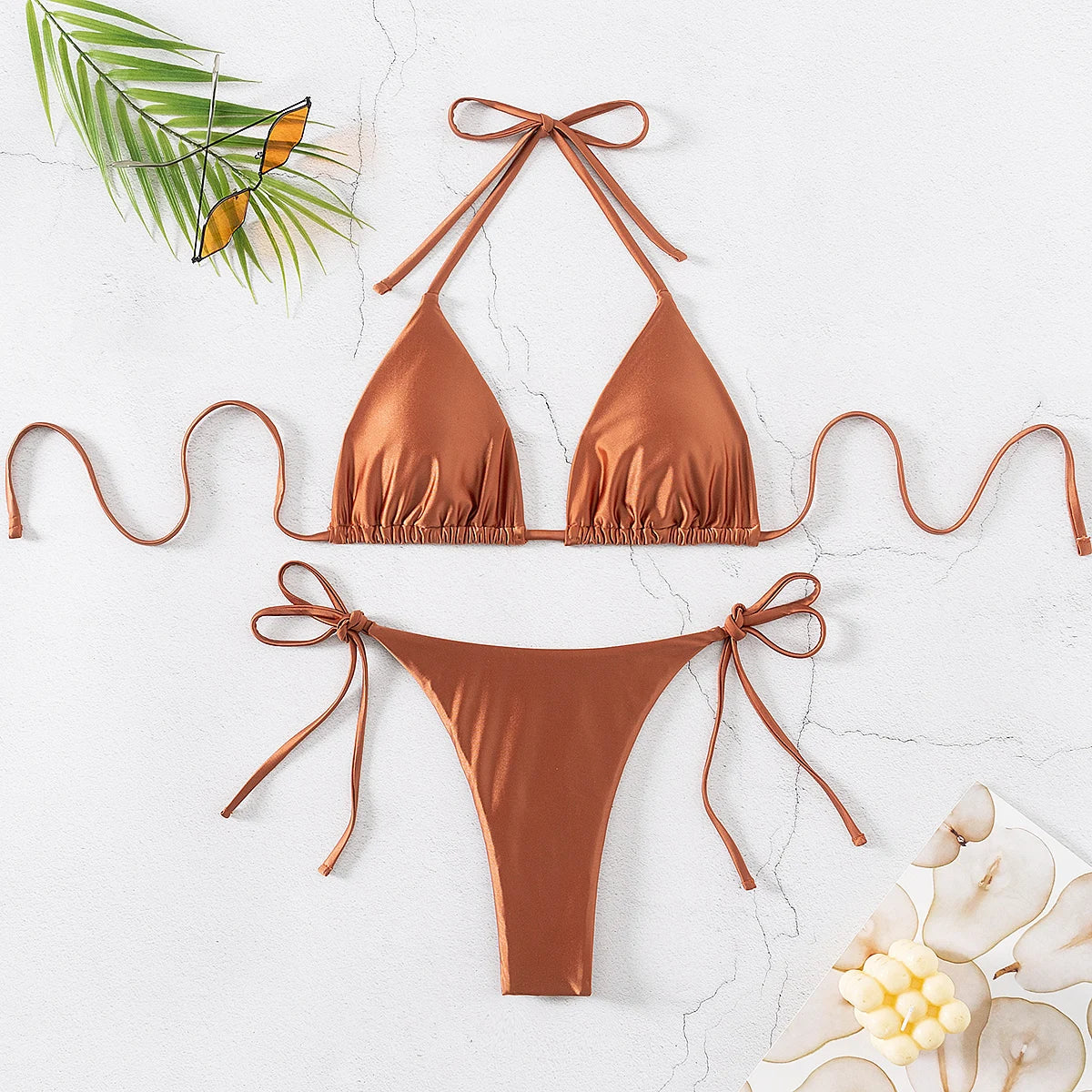 Adjustable Rust Halter Triangle Bikini With Ties on Luulla