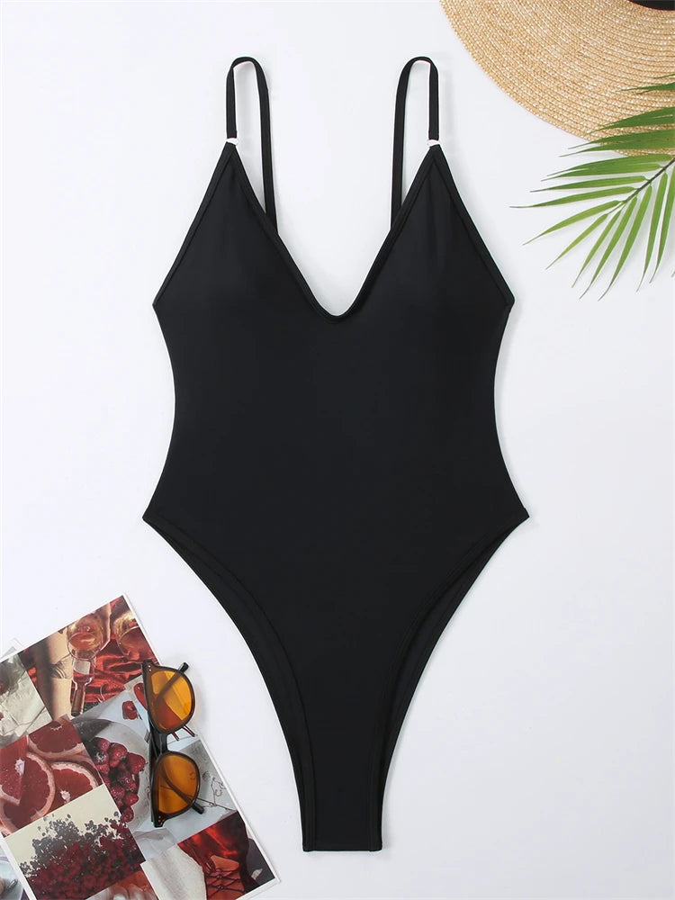 Black High Waisted Cut Out One Piece Swimsuit